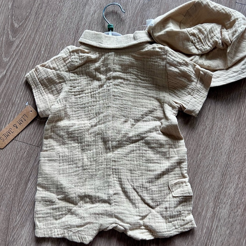 NWT Liam & James Baby Romper Hat Set Beige Gauze Summer 3-6M - Picture 2 of 4